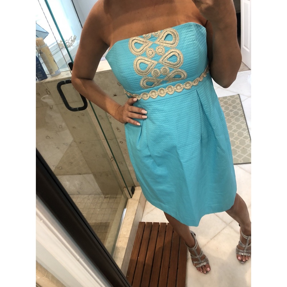 Lilly Pulitzer Betsey Turquoise Gold Crochet Lace Strapless Dress 4 Blue